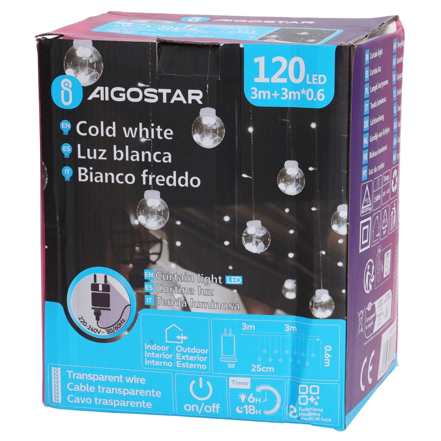 Aigostar - Ghirlandă luminoasă LED pentru exterior, 120 LED-uri / 8 funcții, 3x0,6m, IP44, alb rece + telecomandă