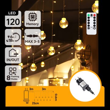 Aigostar - LED ghirlandă de Crăciun pentru exterior 120xLED/8 funcții 3x0,6m IP44 alb cald + telecomandă