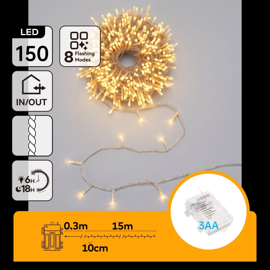 Aigostar - LED ghirlandă de Crăciun pentru exterior 150xLED/8 funcții 3xAA 15,3m IP44 alb cald