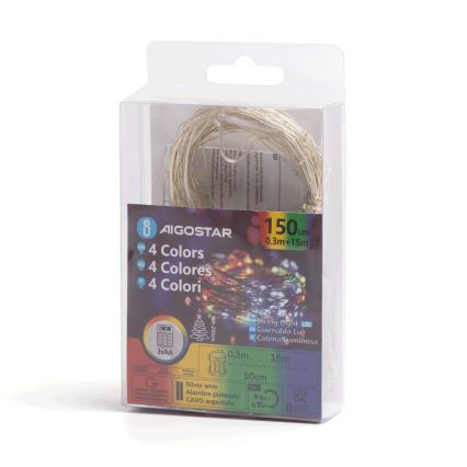 Aigostar - Ghirlandă LED de exterior pentru Crăciun 150xLED/8 funcții/3xAA 15,3m IP44 multicolor