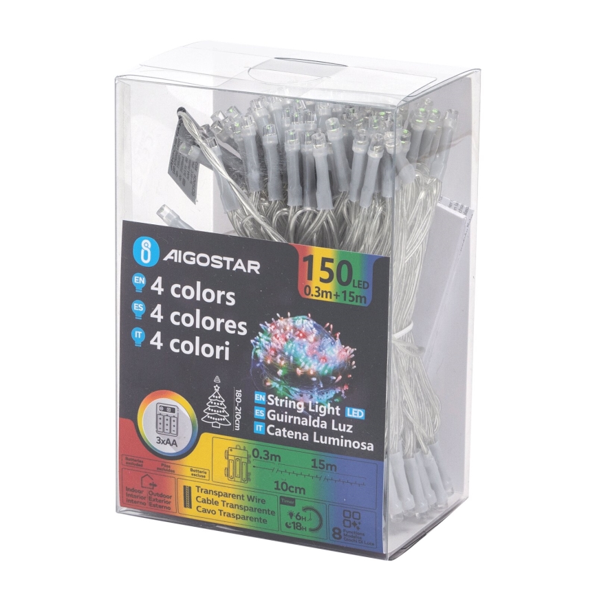 Aigostar -LED Ghirlandă de Crăciun pentru exterior 150xLED/8 funcții 3xAA 15,3m IP44 multicolor
