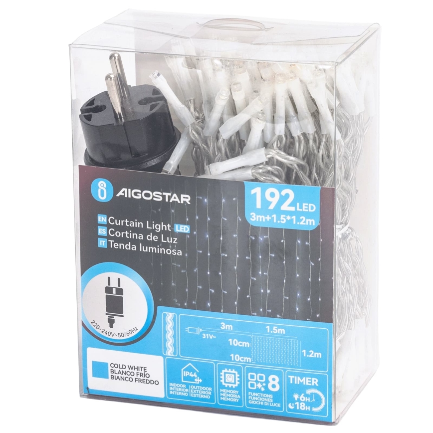Aigostar - LED ghirlandă de Crăciun pentru exterior 192xLED/8 funcții 4,5x1,2m IP44 alb rece