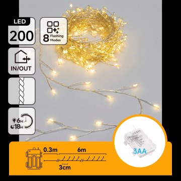 Aigostar - LED ghirlandă de Crăciun pentru exterior 200 LED/8 moduri 3xAA 6,3m IP44 alb cald