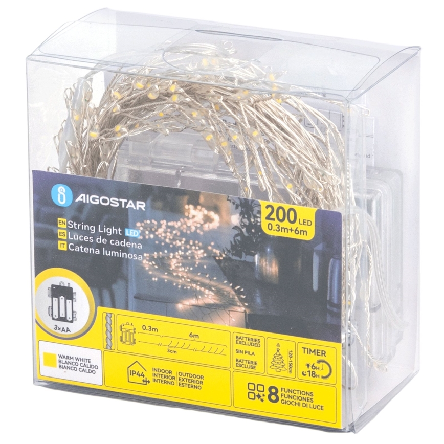 Aigostar - LED ghirlandă de Crăciun pentru exterior 200 LED/8 moduri 3xAA 6,3m IP44 alb cald