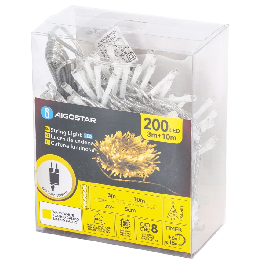 Aigostar - LED Ghirlandă de Crăciun pentru exterior 200xLED/8 funcții 13m IP44 alb cald