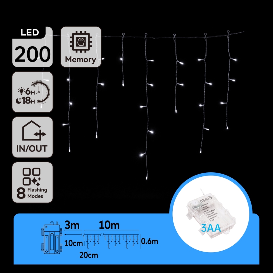 Aigostar - Ghirlandă LED de Crăciun pentru exterior 200xLED/8 funcții 3xAA 13x0,6m IP44 alb rece