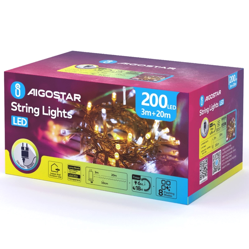 Aigostar - Ghirlandă LED de exterior pentru Crăciun 200xLED/8 funcții 23m IP44 alb cald/alb rece