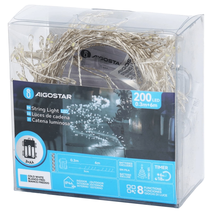 Aigostar - Instalație luminoasă LED de exterior pentru Crăciun 200 LED/8 funcții 3xAA 6,3m IP44 alb rece