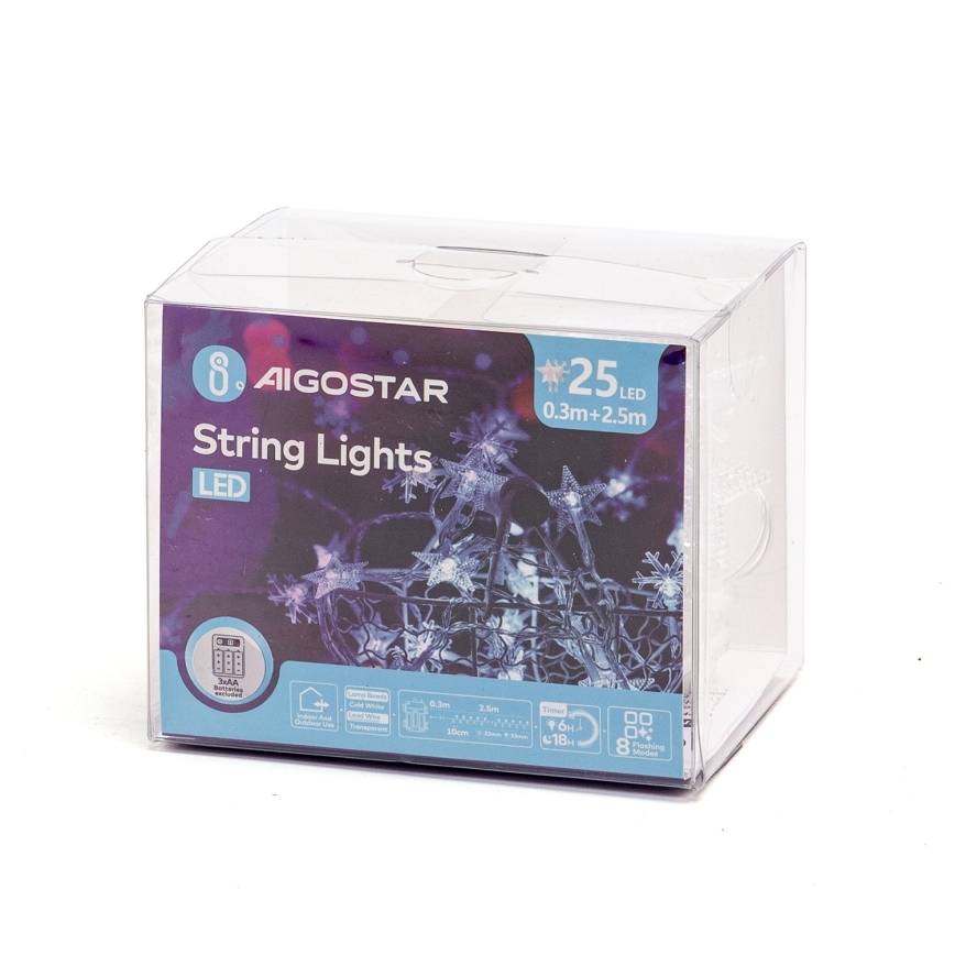 Aigostar - Instalație LED de exterior pentru Crăciun 25xLED/8 funcții 3xAA 2,5 m IP44 alb rece