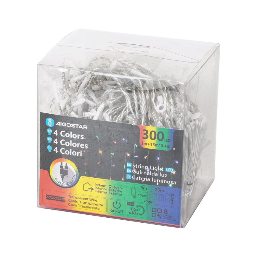 Aigostar - LED ghirlandă de Crăciun pentru exterior 300xLED/8 funcții 18x0,4m IP44 multicolor