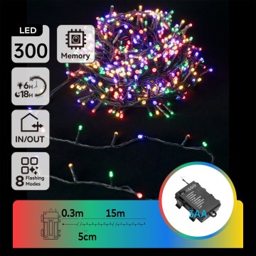 Aigostar - LED ghirlandă de Crăciun pentru exterior 300xLED/8 funcții 3xAA 15,3m IP44 multicolor