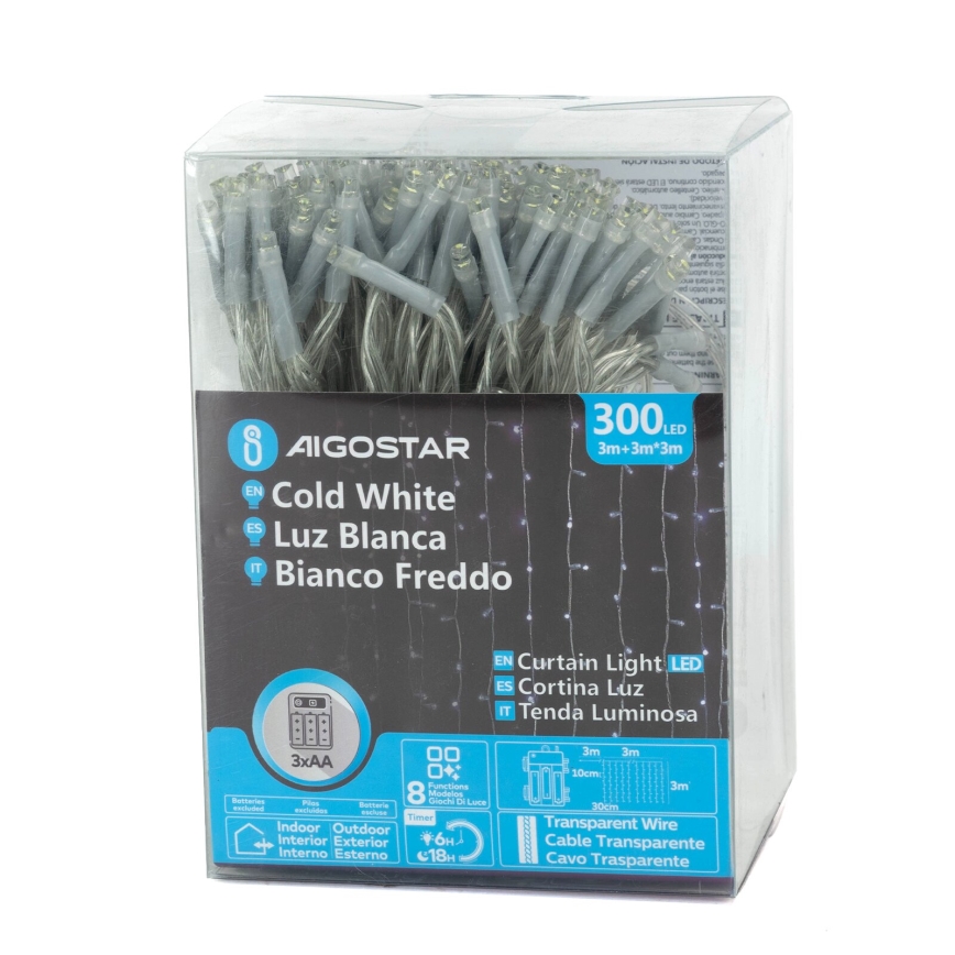 Aigostar - Ghirlandă LED de Crăciun pentru exterior 300xLED/8 funcții 3xAA 6x2m IP44 alb rece