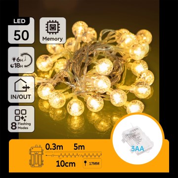 Aigostar - LED ghirlandă de Crăciun pentru exterior, 50 LED/3xAA/8 funcții, 5,3 m, IP44, alb cald