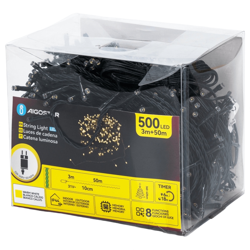 Aigostar - Ghirlandă LED de Crăciun pentru exterior 500xLED/8 funcții 50m IP44 alb cald