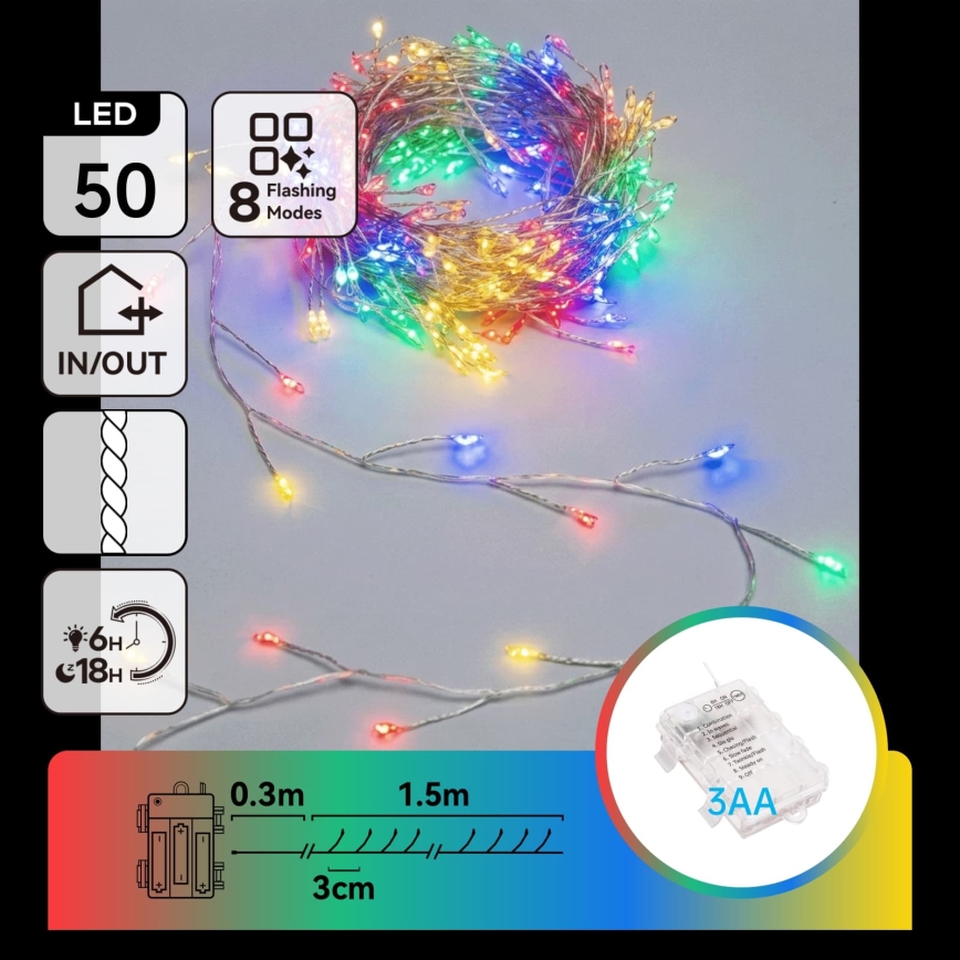 Aigostar - LED ghirlandă de Crăciun pentru exterior 50xLED/8 funcții 3xAA 1,8m IP44 multicolor