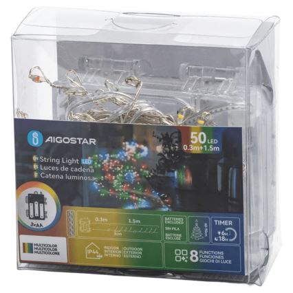 Aigostar - LED ghirlandă de Crăciun pentru exterior 50xLED/8 funcții 3xAA 1,8m IP44 multicolor
