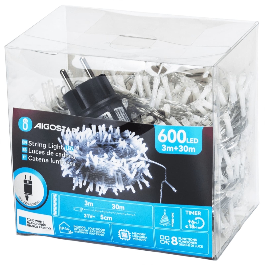Aigostar - LED ghirlandă de Crăciun pentru exterior, 600 LED / 8 funcții, 33 m, IP44, alb rece