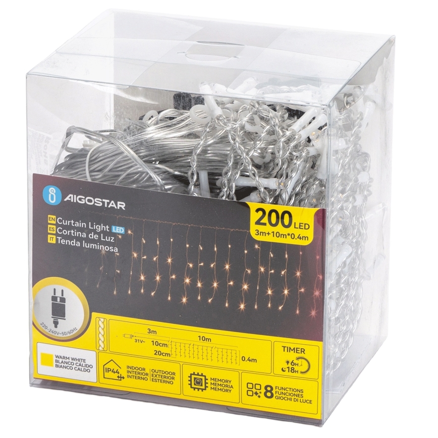 Aigostar - Ghirlandă LED de exterior pentru Crăciun 200xLED/8 funcții 10x0,4m IP44 alb cald