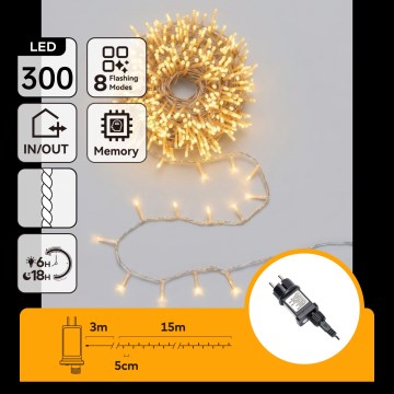 Aigostar - LED ghirlandă de exterior de Crăciun 300xLED/8 funcții 18m IP44 alb cald