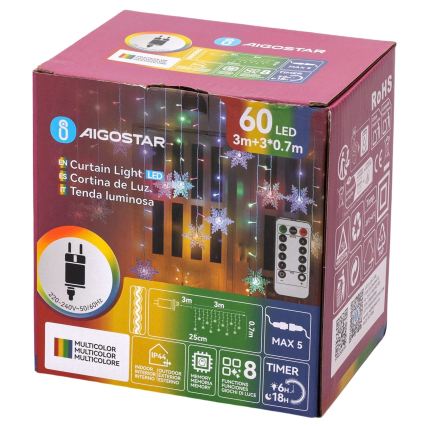 Aigostar - Ghirlandă LED reglabilă pentru exterior, de Crăciun, 60xLED/8 funcții, 6x0,7 m, IP44, multicoloră + telecomandă