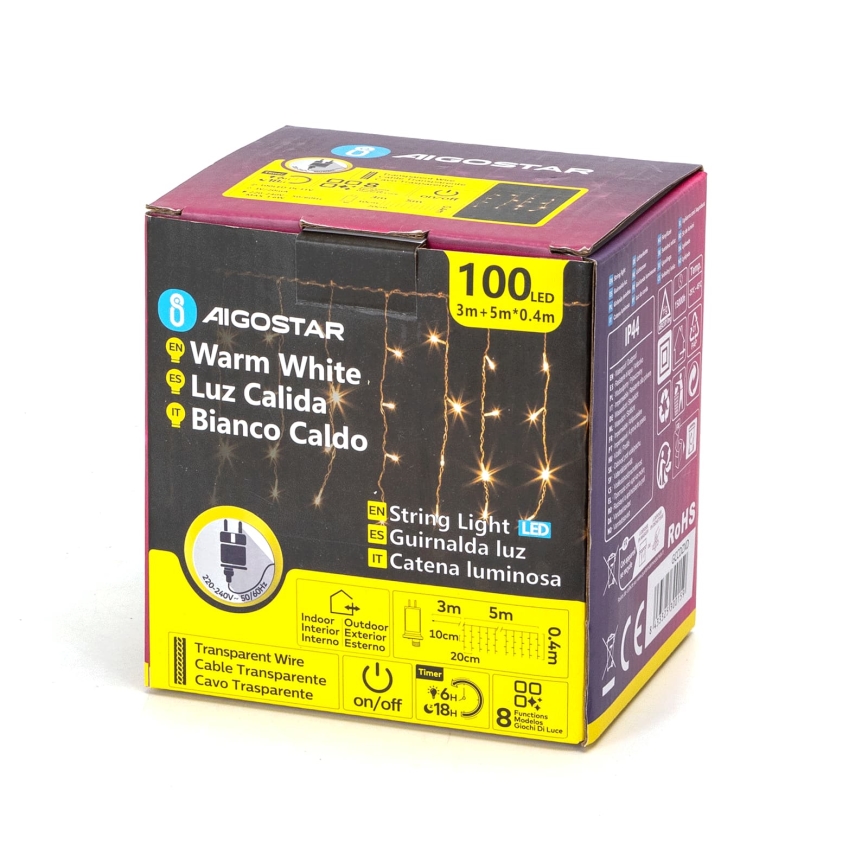 Aigostar - LED Ghirlandă de exterior pentru Crăciun 100xLED/8 funcții 8x0,4m IP44 alb cald