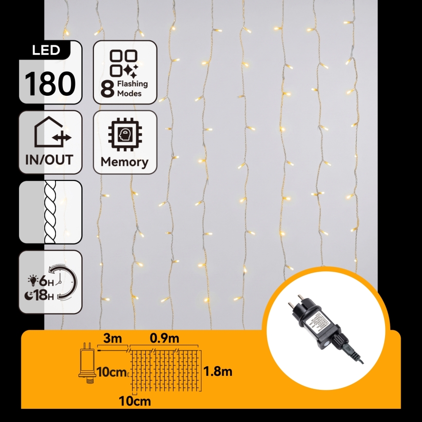 Aigostar - LED Ghirlandă de exterior pentru Crăciun 180xLED/8 funcții 3,9x1,8m IP44 alb cald