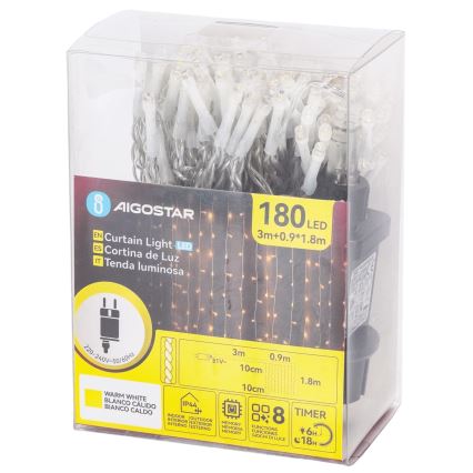 Aigostar - LED Ghirlandă de exterior pentru Crăciun 180xLED/8 funcții 3,9x1,8m IP44 alb cald