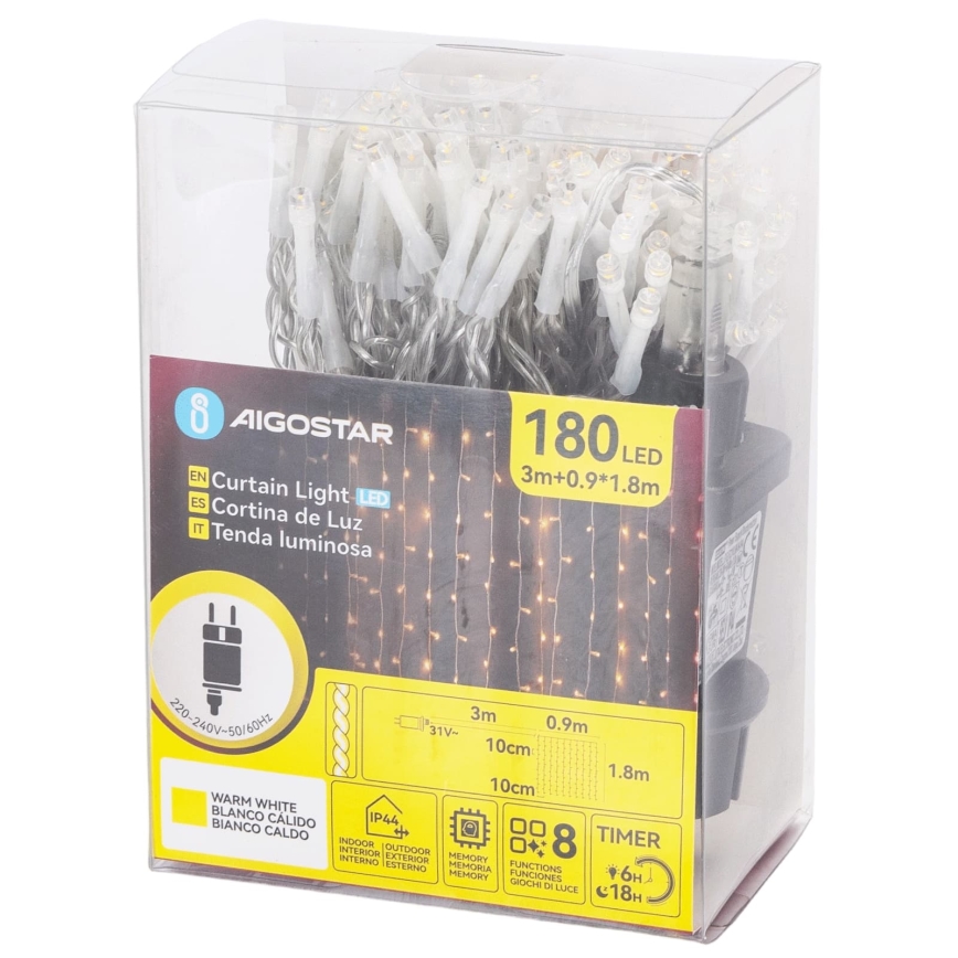 Aigostar - LED Ghirlandă de exterior pentru Crăciun 180xLED/8 funcții 3,9x1,8m IP44 alb cald