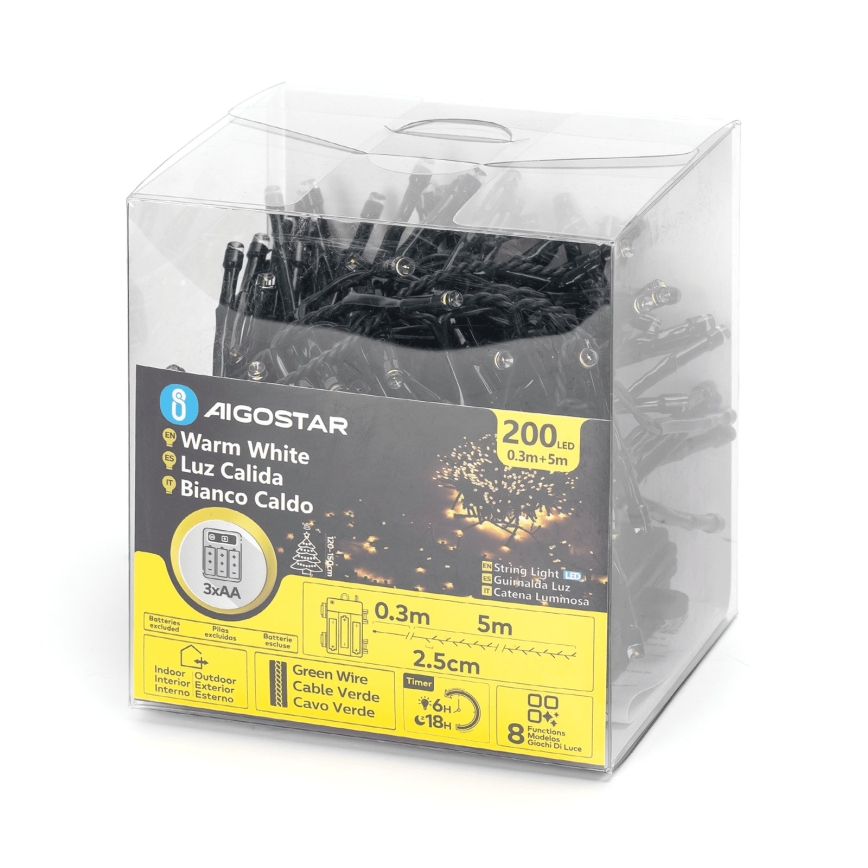 Aigostar - LED ghirlandă de exterior pentru Crăciun 200xLED/8 funcții 3xAA 5,3m IP44 alb cald
