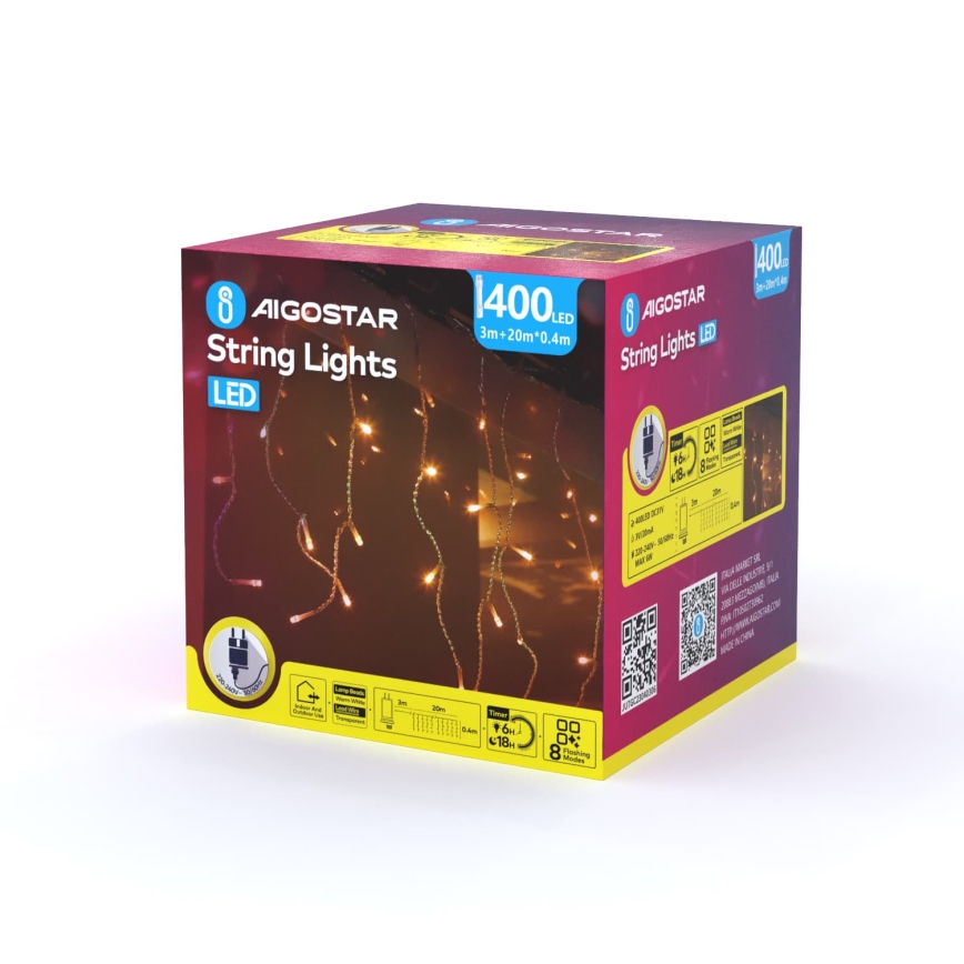 Aigostar - LED ghirlandă de exterior pentru Crăciun 400xLED/8 funcții 23x0,4m IP44 alb cald