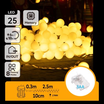 Aigostar-LED Ghirlandă LED de exterior 25xLED/3xAA/8 funcții 2,8 m IP44 alb cald