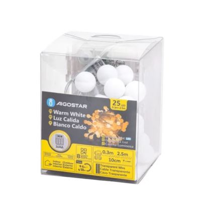 Aigostar-LED Ghirlandă LED de exterior 25xLED/3xAA/8 funcții 2,8 m IP44 alb cald