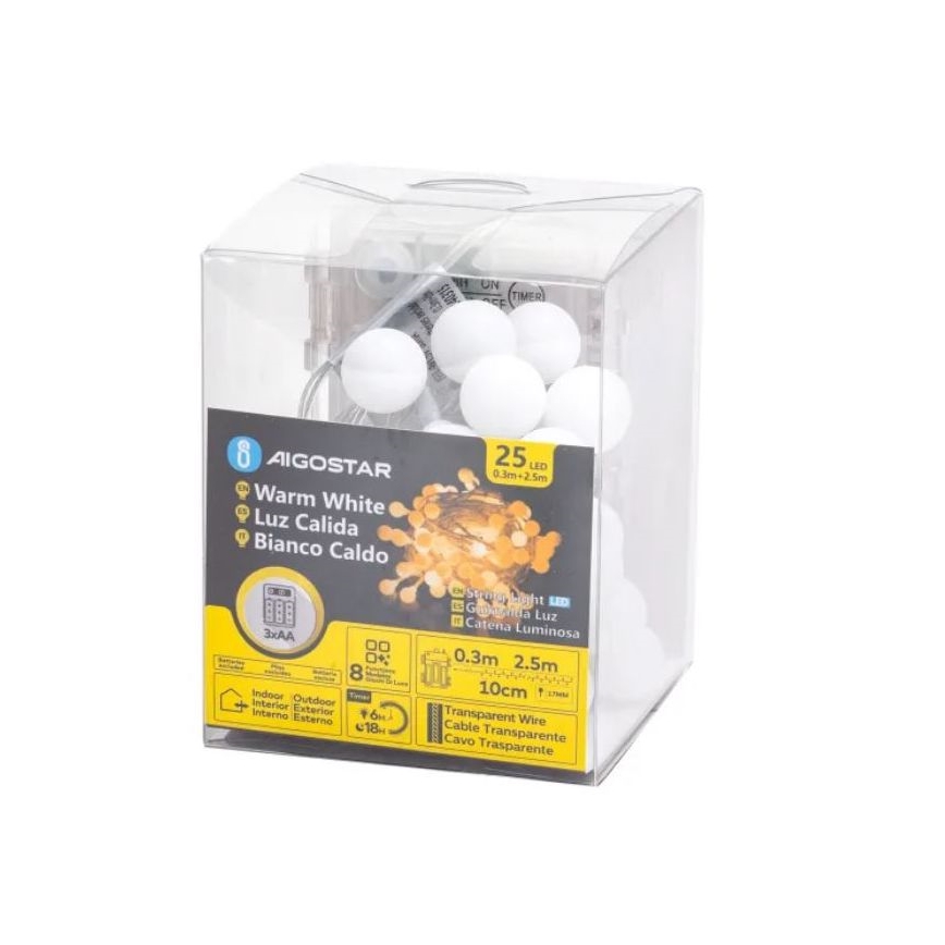 Aigostar-LED Ghirlandă LED de exterior 25xLED/3xAA/8 funcții 2,8 m IP44 alb cald