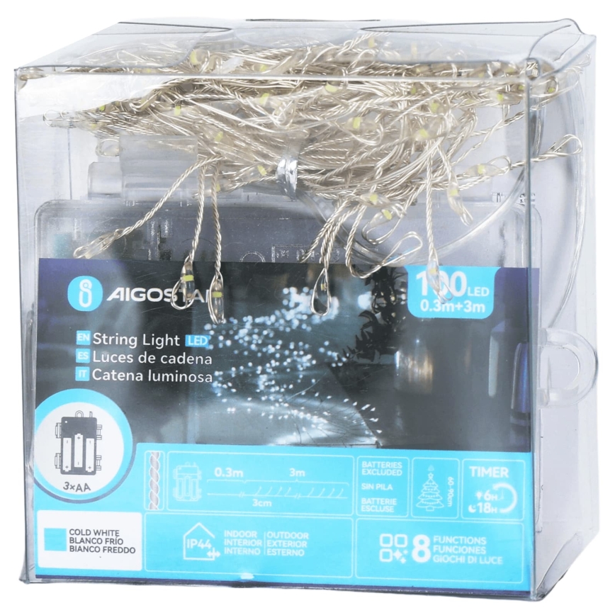 Aigostar - Ghirlandă LED de exterior pentru Crăciun 100xLED/8 funcții 3xAA 3,3m IP44 alb rece