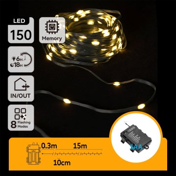 Aigostar -LED ghirlandă luminoasă de Crăciun pentru exterior 150xLED/8 funcții 3xAA 15,3m IP44 alb cald
