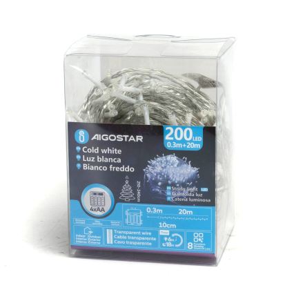 Aigostar - LED ghirlandă de Crăciun pentru exterior 200xLED/8 funcții 4xAA 20m IP44 alb rece
