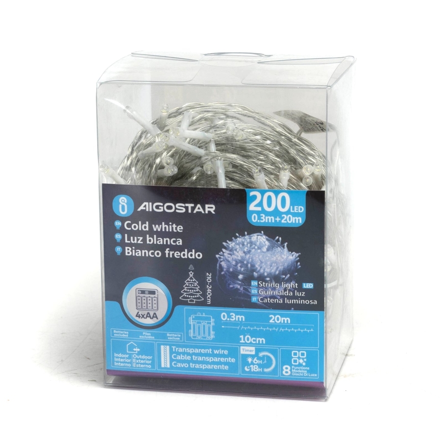 Aigostar - LED ghirlandă de Crăciun pentru exterior 200xLED/8 funcții 4xAA 20m IP44 alb rece