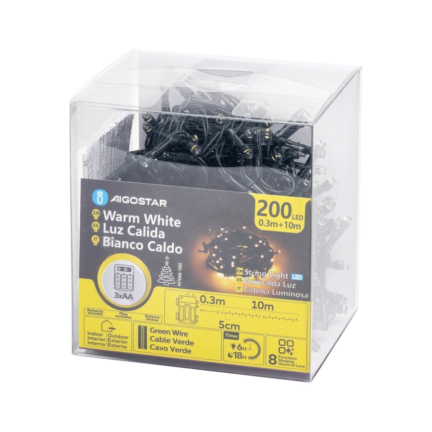 Aigostar - Ghirlandă luminoasă LED pentru exterior, 200 LED/8 funcții, 3xAA, 10,3 m, IP44, alb cald