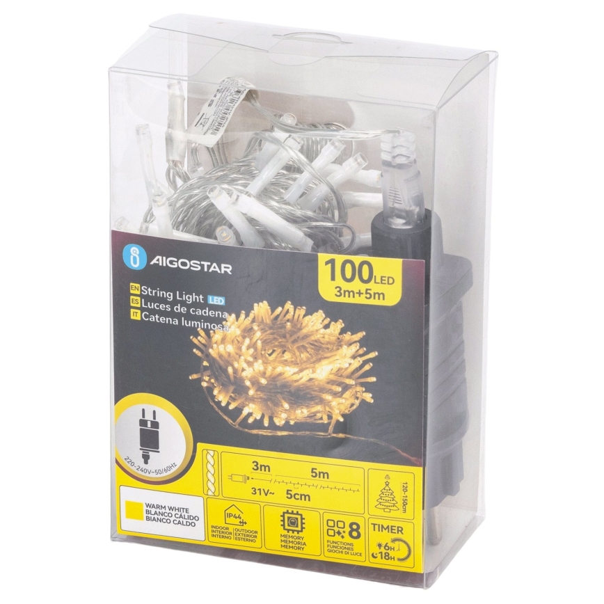 Aigostar - LED Ghirlandă luminoasă de exterior pentru Crăciun 100xLED/8 funcții 5,3m IP44 alb cald