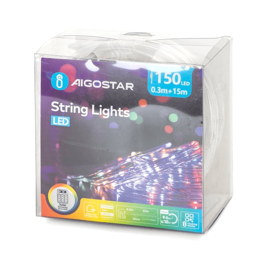 Aigostar - Ghirlandă LED de exterior pentru Crăciun 150xLED/8 funcții 3xAA 15,3m IP44 multicolor