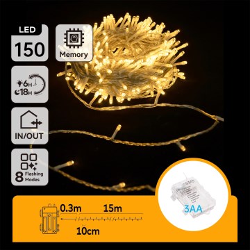 Aigostar -LED Ghirlandă luminoasă de exterior pentru Crăciun 150xLED/8 funcții 3xAA 15,3m IP44 alb cald