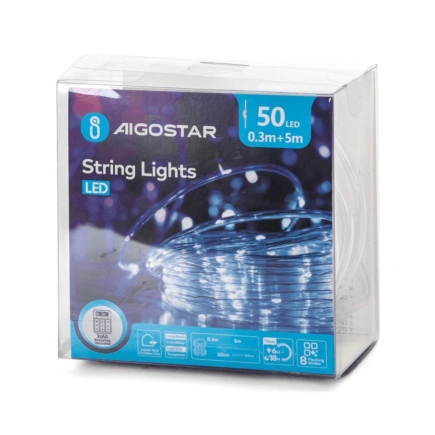 Aigostar - Ghirlandă LED de Crăciun pentru exterior 50xLED/8 funcții 3xAA 5,3m IP44 alb rece
