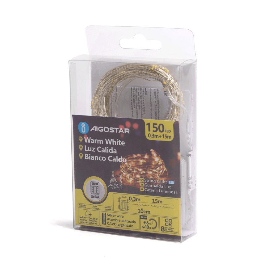 Aigostar -LED Ghirlandă pentru exterior 150xLED/8 funcții 3xAA 15,3m IP44 alb cald