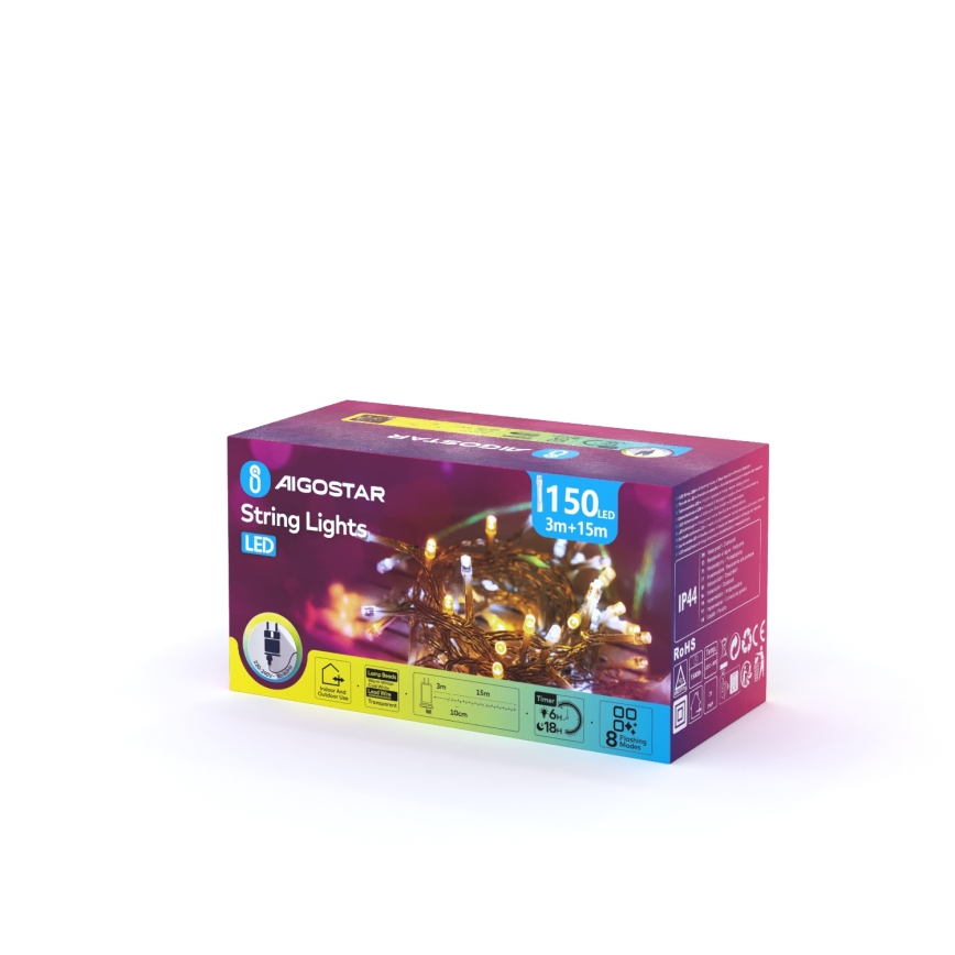 Aigostar - LED instalație luminoasă de exterior pentru Crăciun 150xLED/8 funcții 18m IP44 alb cald/alb rece