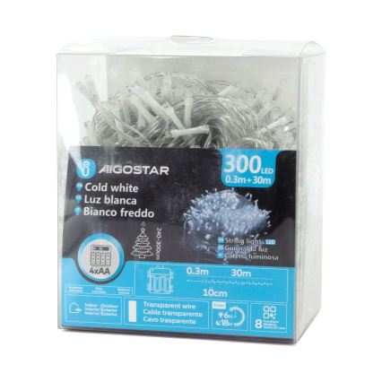 Aigostar - Ghirlandă de Crăciun LED pentru exterior 300xLED/8 funcții 4xAA 30m IP44 alb rece