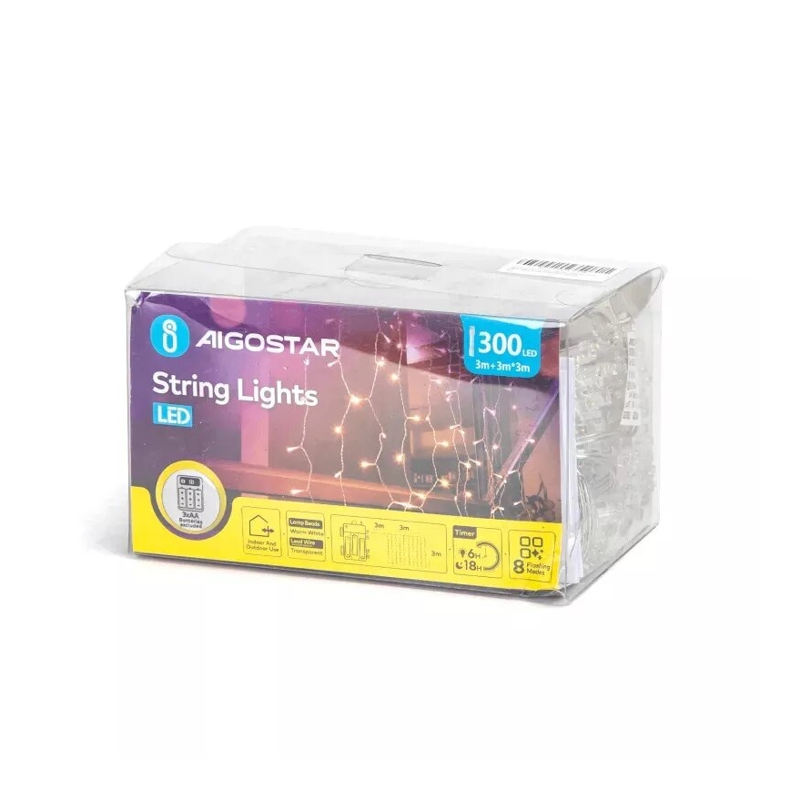 Aigostar - LED Instalație luminoasă de Crăciun pentru exterior 300xLED/8 funcții 3xAA 6x3m IP44 alb cald