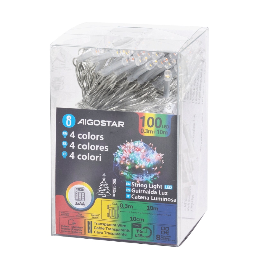 Aigostar - Ghirlandă de Crăciun LED pentru exterior, 100 LED/8 funcții, 3xAA, 10,3 m, IP44, multicoloră