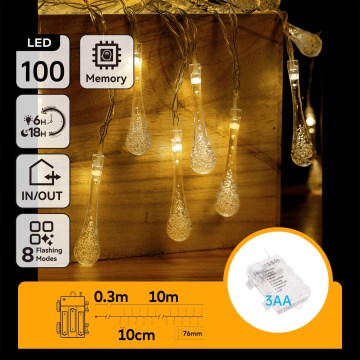 Aigostar - LED instalație luminoasă de exterior pentru Crăciun 100xLED/8 funcții 3xAA 10 m IP44 alb cald picături