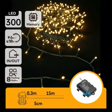 Aigostar-LED Instalație luminoasă de exterior pentru Crăciun 300xLED/8 funcții 3xAA 15,3m IP44 alb cald