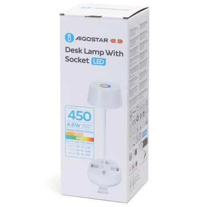 Aigostar - Lampă de birou LED RGBW, dimabilă, cu prize și port USB, 4,6W, 230V, 3000/4000/6500K, albă